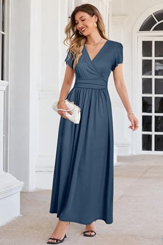 OUGES Short Sleeve Summer Maternity Maxi Dresses for Women 2025 Wrap V Neck Wedding Guest Dress Casual Spring Long Dress(Gray Blue,M) - Image 3