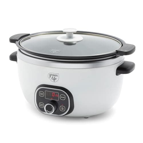 GreenLife 6QT Slow Cooker, Non-Toxic PFAS-Free Ceramic Nonstick Removable Interior Bowl, Programmable, Family Friendly, Keep Warm, Stovetop & Oven Safe, Dishwasher Safe Parts, Timer, Glass Lid, White - Image 1