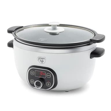 GreenLife 6QT Slow Cooker, Non-Toxic PFAS-Free Ceramic Nonstick Removable Interior Bowl, Programmable, Family Friendly, Keep Warm, Stovetop & Oven Safe, Dishwasher Safe Parts, Timer, Glass Lid, White - Image 1