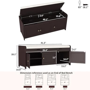 HOMEFORT 41.3" Shoe Bench with Lift Top Storage, Entryway Bench with Cushioned Seat, Wooden End of Bed Bench, Shoe Cabinet Bench with Hidden Storage Space, for Bedroom, Hallway,Espresso - Image 3