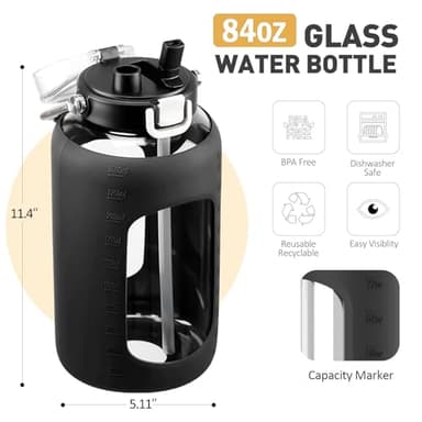 WINSA 84oz Glass Water Bottle with Stainless Steel Handle,2.5L Gallon Water Bottle with 2-IN-1 Straw Lid, Silicone Sleeve and Motivational Capacity Marker, Wide Mouth Water Jug For Gym, Workout, Black - Image 2