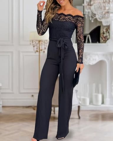 Women Off Shoulder Long Sleeve Black Jumpsuit Floral Embroidery Lace Overalls Casual Wide Leg Rompers with Belt Black-L - Image 5