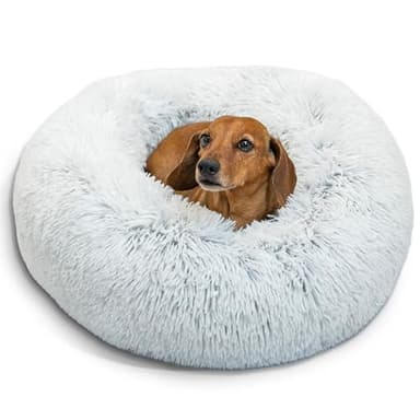 Best Friends by Sheri Original Calming Donut Dog and Cat Bed, Shag Faux Fur, Frost Gray, (23in x 23in) - Anxiety Relief for Pets Up to 25 lbs - Image 1