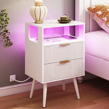 JOONEE White Nightstand with Charging Station and LED Lights,Modern Bedside Table with 2 Storage Drawer and Open Wood Shelf, for Bedroom and Small Spaces,Night Stand with Solid Wood Legs,White - Image 1