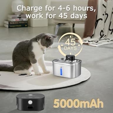 5L/169oz Automatic Stainless Steel Pet Water Fountain for Cats & Dogs, Cordless Cat Dog Drinking Fountain with 5000mAh Rechargeable Battery, Ultra-Quiet Pump & 3 Smart Modes - Image 2