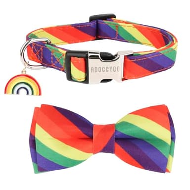ADOGGYGO Rainbow Dog Collar with Bowtie, Adjustable Striped Pet Bow Collar, LGBT Pride Rainbow Collars for Small Medium Large Dogs Pets (Small) - Image 1