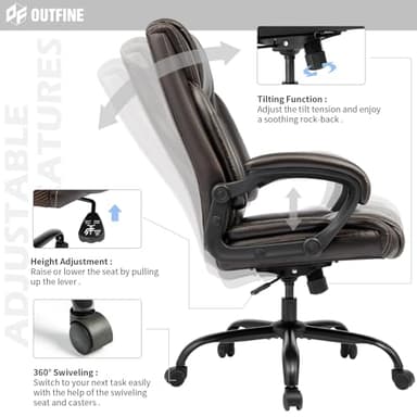 OUTFINE Office Chair Executive Office Chair Desk Chair Computer Chair with 5-Year hydrolysis-Resistant Leather Spring Cushion Ergonomic Support Tilting Function Upholstered in Bonded Leather (Brown) - Image 6