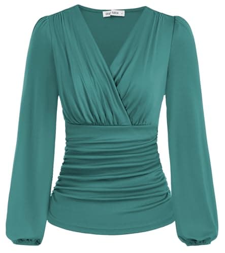Womens Tops Vintage V Neck Fall Long Sleeve Wrap Top Slim Fitted Casual Dressy Tops Peacock Blue XL - Image 1