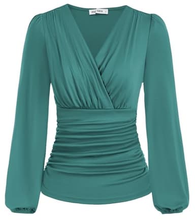 Womens Tops Vintage V Neck Fall Long Sleeve Wrap Top Slim Fitted Casual Dressy Tops Peacock Blue XL - Image 1