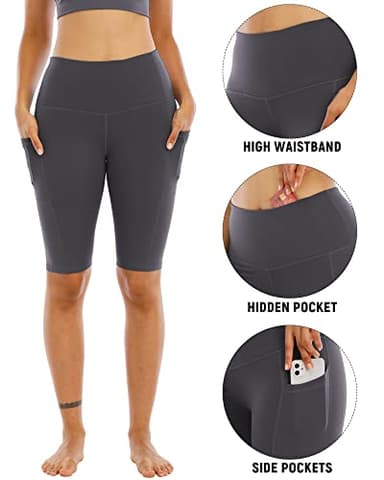 WHOUARE 4 Pack Biker Yoga Shorts with Pockets for Women,High Waisted Athletic Running Workout Gym Shorts Tummy Control,Black,Black,Dark Gray,Light Gray,XL - Image 3