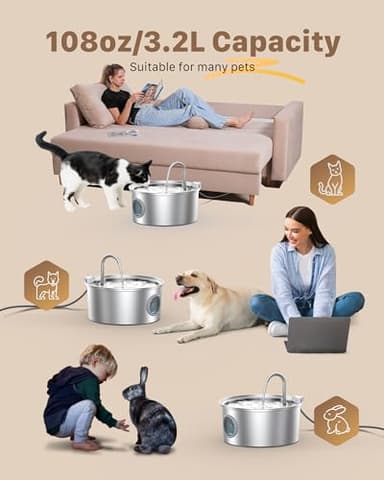 Cat Water Fountain Stainless Steel: Cat Fountain for Drinking - 108oz/3.2L Pet Water Fountain for Cats Indoor - Quiet Water Fountain for Cats - Faucet Pet Fountain - for Small and Medium-Sized Pets - Image 4