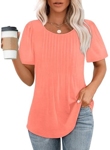 Summer Tops for Women Puff Short Sleeve Loose Fit Scooped Neck T Shirts Beach Vacation Clothes Fashion Clothing Coral M - Image 1