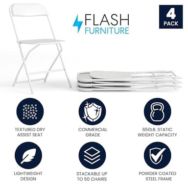 Flash Furniture Hercules Series Plastic Folding Chair - White - 4 Pack 650LB Weight Capacity Comfortable Event Chair-Lightweight Folding Chair - Image 3