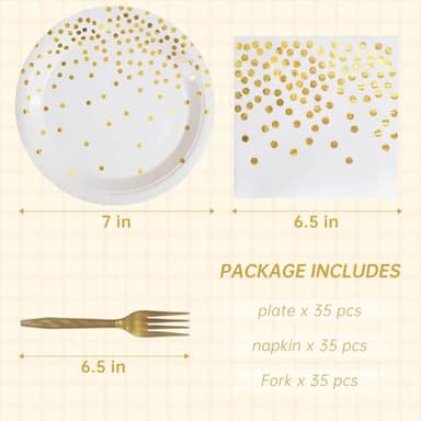 WXLDGHQ White and Gold Paper Plates Napkins Party Supplies,Disposable Gold Dot Paper Dessert Plates,105 PCS Birthday Plates and Napkins Party Supplies for Wedding(Serves 35 Guests 7") - Image 3
