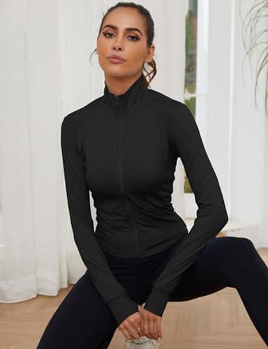 Gihuo Women's Athletic Full Zip Lightweight Workout Jacket Cropped Gym Yoga Track Jacket with Thumb Holes (Black, Large) - Image 3
