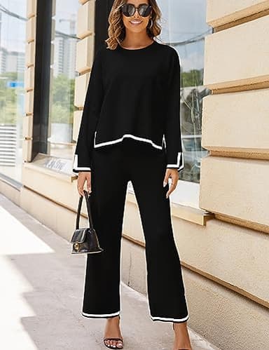 Tanming Women's 2 Piece Outfits Long Sleeve Knit Sweater Top Wide Leg Pants Lounge Sets Tracksuits (Black-M) - Image 2