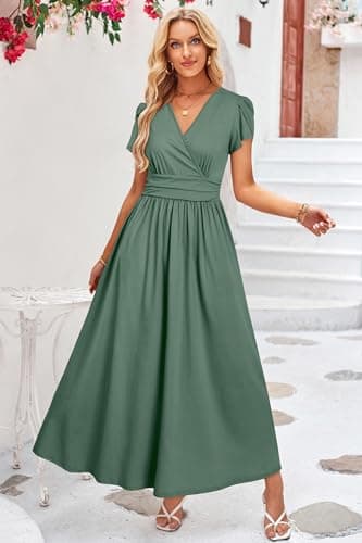 OUGES Short Sleeve Summer Maternity Maxi Dresses for Women 2025 Wrap V Neck Wedding Guest Dress Casual Spring Long Dress(Gray Green,M) - Image 4