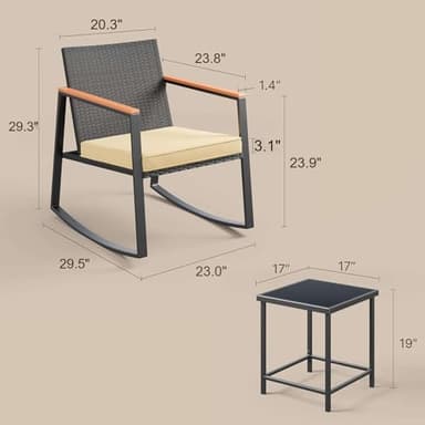 Gizoon 3 Pieces Rocking Patio Bistro Set with Anti-Scald Armrest, Outdoor Patio Wicker Furniture Set with Glass Table and Cushion for Garden, Yard, Porch - Image 4