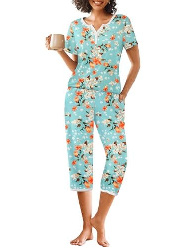 Ekouaer Womens Pajama Sets Short Sleeve Sleepwear Top and Capri Pants 2 Piece Loungewear With Pockets, Green/Orange/White/Floral, Medium - Image 1