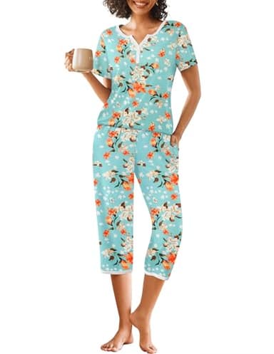 Ekouaer Womens Pajama Sets Short Sleeve Sleepwear Top and Capri Pants 2 Piece Loungewear With Pockets, Green/Orange/White/Floral, Medium - Image 1
