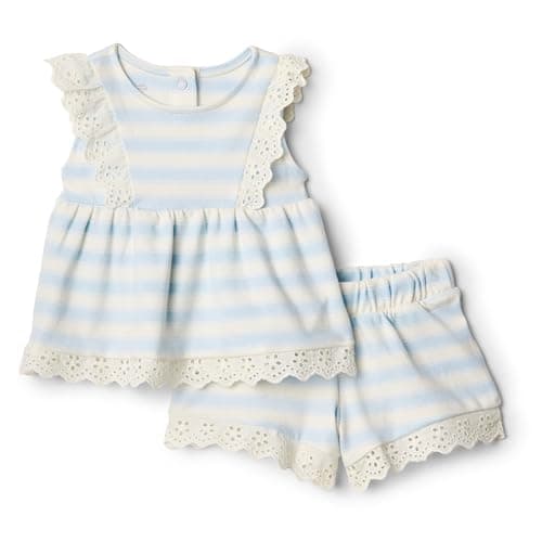 Amazon Essentials x Sofia Grainge Baby Girls' Eyelet Short & Top Set, Pale Blue Bold Stripe, 3-6 Months - Image 1