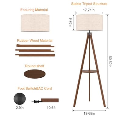 LEPOWER Tripod Floor Lamp, Mid Century Wood Standing Lamp, Modern Design Shelf Floor Lamp for Living Room, Bedroom, Office, Flaxen Linen Shade with E26 Base Brown - Image 7