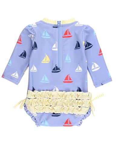 RuffleButts Baby Girls UPF 50+ Sun Protection Novelty Print Long Sleeve One Piece Rash Guard Swimsuit with Zipper - Down by The Bay, 6-12m - Image 2