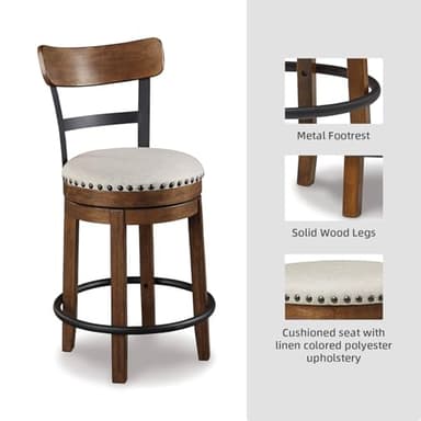 Signature Design by Ashley Valebeck Rustic Farmhouse Swivel Bar Stool – 24.5″ Counter Height, 360° Swivel Metal & Wood Frame, Polyester Upholstery – Brown - Image 7