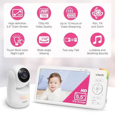 VTech 5.5" IPS Screen 720P Video Baby Monitor with Camera and Audio, Pan-Tilt-Zoom, Night Light, 2-Way Talk, Lullabies, Soothing Sounds, Long Battery Life, No WiFi: Advanced HD Plus - Image 2