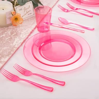 WDF 25 Guest Pink Plates with Pink Plastic Silverware&Pink Cups-Neon Clear Disposable Dinnerware include 50 Plates,25Forks, 25 Knives, 25 Spoons,25 Plastic Cups for Party and Baby Shower - Image 3