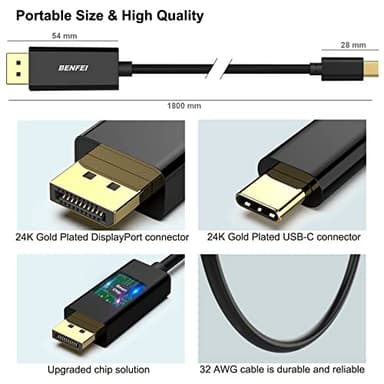 BENFEI USB C to DisplayPort 1.8 Meter Cable(8K@60Hz 4K@144Hz), USB Type-C to DP Adapter [Thunderbolt 3/4 Compatible] with iPhone 15 Pro/Max, MacBook Pro/Air 2023, iPad Pro, iMac, S23, XPS 17 and More - Image 7