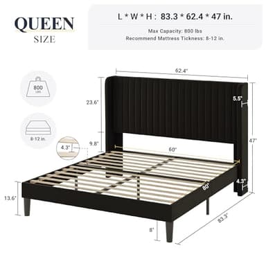 Allewie Queen Size Velvet Bed Frame/Vertical Channel Tufted Wingback Headboard/Upholstered Platform Bed/Strong Wooden Slats/No Box Spring Needed/Easy Assembly/Black - Image 2