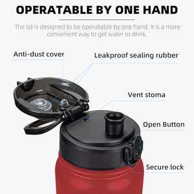 Fanhaw 20 Oz Insulated Stainless Steel Vacuum Water Bottle with Anti-Dust Pop-Open Lid - For Kids, Women, Men | Leak & Sweat Proof (Red) - Image 2