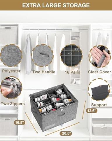 NEATJELAI Large Shoe Storage-2 Pack,Shoe Organizer for Closet Foldable Shoe Boxes with Adjustable Dividers and Clear Cover, Fits up to 32 Pairs, Grey - Image 4