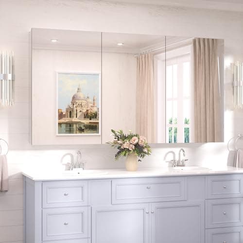 TokeShimi 60 x 32 Farmhouse Medicine Cabinet Recessed or Surface Mount Aluminum, Mirror with Stepless Adjustable Storage, Silver Bathroom Mirror Medicine Cabinet Frameless Metal Modern - Image 1