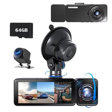 3 Channel Dash Cam Front and Rear Inside, Free 64G SD Card, Triple Dash Camera for Cars, 2.5K UHD Vital Dash Cam, 3.18" IPS Large Screen, IR Night Vision, 24/7 Recording Parking Mode Monitor（Black） - Image 1