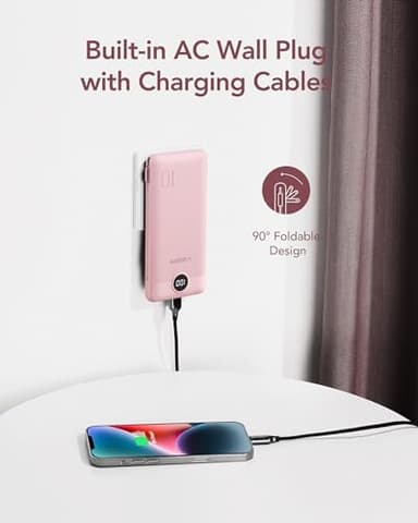 VEGER Portable Charger with Built-in AC Plug and Cables, All in One 10000mAh Ultra-Slim Power Bank, 15W Fast Charging for iPhone, Samsung, Android, Travel Essential (Crepe) - Image 3