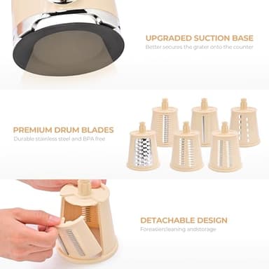 SUSTEAS Rotary Cheese Grater with Handle, Vegetable Slicer, 6 Interchangeable Blades, Reinforced Suction, Easy to Clean, Kitchen Shredder for Crushed Ice, Fruits, Nuts with Blade Storage Case, Beige - Image 6