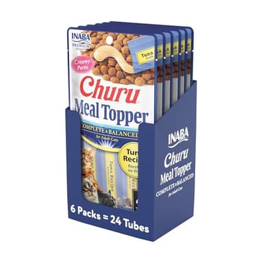INABA Churu Meal Topper for Cats, Complete & Balanced, Creamy, Lickable Purée Cat Food Topper, 0.5 Ounce Tube, 24 Tubes (4 per Pack), Tuna Recipe - Image 1