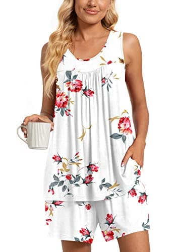 TAOHUADAO Womens Summer 2 Piece Pajama Sets, Sleeveless Pleated Tunic Tops with Comfy Shorts, Lounge Sleepwear Ladies Pjs Sets with Pockets L, Floral White - Image 1