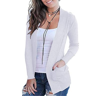 VOIANLIMO Womens Open Front Casual Knit Lightweight Long Sleeve White Cardigans Sweaters with Pockets L Size - Image 1