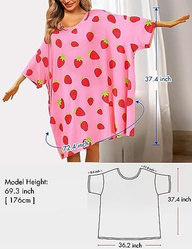KFUBUO Plus Size Nightgowns for Women Oversized Sleep Tshirts Dress Pjs Lounge Short Sleeves Strawberry Sleepwear With Pocket Fit S-5XL - Image 5