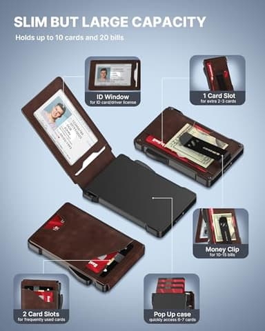 typecase Tactical Wallet for Men Card Holder: Pop Up Card Case, Genuine Leather, Smart, RFID Blocking, Slim, Minimalist, Thin, Front Pocket - 9-13 Card Capacitiy, ID Window, Money Clip (Brown) - Image 2