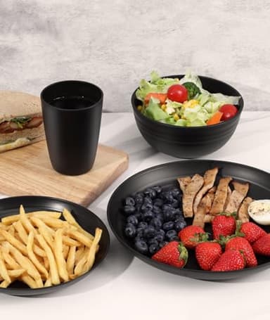 Quatish 24 Piece Plates and Bowls Sets for 6, Unbreakable Dinnerware Sets, Plastic Dish Set for Camping, Dishwasher Microwave Safe, Outdoor Kitchen and Apartment Dinning RV Essentials, Black - Image 6