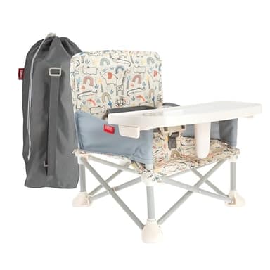Nuby Easy Go Pop-Up Booster Seat with Removable Tray - 6+ Months - Portable Booster Seat for Floor for Indoor/Outdoor Use - 3-Point Safety Adjustable Straps - Includes Travel Bag - Safari - Image 1
