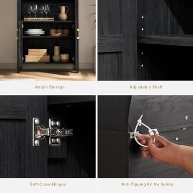 mopio Lauren 65.4" Short Arched Cabinet, 5-Tier Arched Bookcase with Doors and Shelves, Mini Arch Bookshelf with Storage, Wooden Storage Cabinet for Living Room and Kitchen Pantry (Black Accent) - Image 4