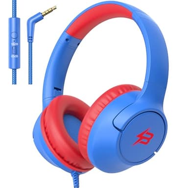 Kids Headphones for School, 85/94 dB Volume Limit, Wired Over Ear Headphones for Kids Boys Girls with Microphone, Foldable Stereo Sound 3.5mm Wired Cord for Kindle Tablet Airplane Travel, Blue - Image 1