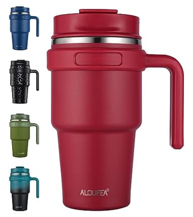 ALOUFEA 20 oz Insulated Coffee Mug Tumbler with Handle, Stainless Steel Travel Mug Tumbler with Lid and Straw,Double Wall Vacuum Leak Proof Ice Coffee Thermal Cup, Red - Image 1