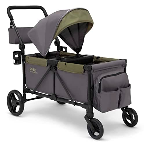 Jeep Sport All-Terrain Stroller Wagon by Delta Children - Includes Canopy, Parent Organizer, Adjustable Handlebar, Snack Tray & Cup Holders, Grey/Olive Green - Image 1