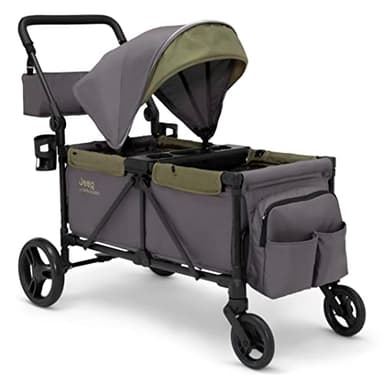 Jeep Sport All-Terrain Stroller Wagon by Delta Children - Includes Canopy, Parent Organizer, Adjustable Handlebar, Snack Tray & Cup Holders, Grey/Olive Green - Image 1